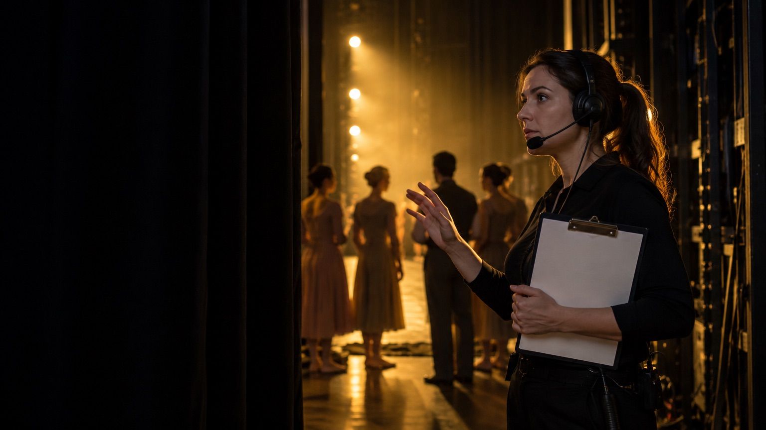 A stage manager with a headset and clipboard in the wings, dancers waiting in silhouette under the stage lights.