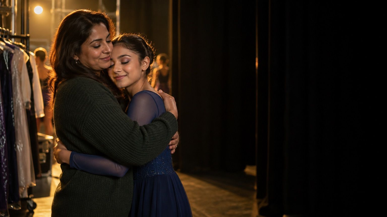 A mother hugging her teenage daughter backstage before she goes on, a rail of costumes behind them.