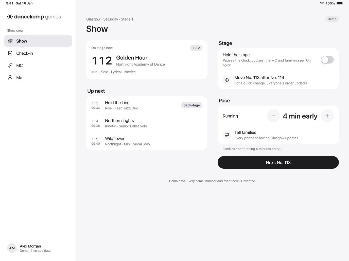 DanceKomp Genius on iPad: show control for Glasgow, Saturday, Stage 1: Golden Hour on stage with its timer, the next three routines, Hold the stage, a move for a quick change, the pace, Tell families and Next: No. 113. Demo data.