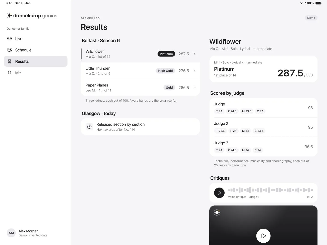 DanceKomp Genius on iPad: results for Wildflower: Platinum, first place of 14, 287.5 out of 300, each judge’s marks by criterion, and a voice and a video critique. Demo data.