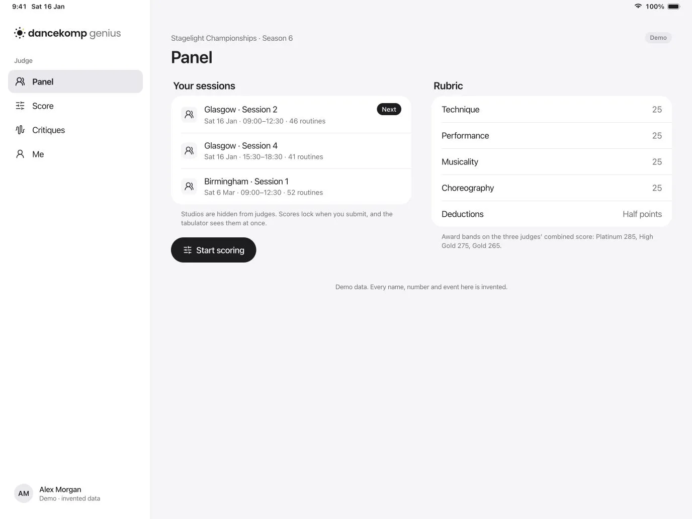 DanceKomp Genius on iPad: the judge’s panel for Stagelight Championships, Season 6: two sessions at Glasgow and one at Birmingham with their stages, times and routines, and the rubric with four criteria out of 25 and half-point deductions. Demo data.