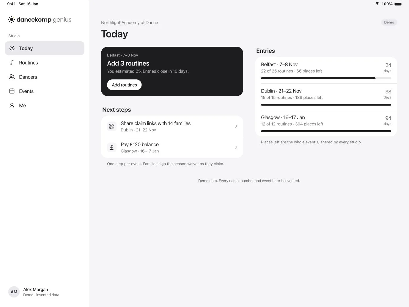 DanceKomp Genius on iPad: Today for Northlight Academy of Dance: the next step for Belfast, one step each for Dublin and Glasgow, and routines entered per event with places left. Demo data.