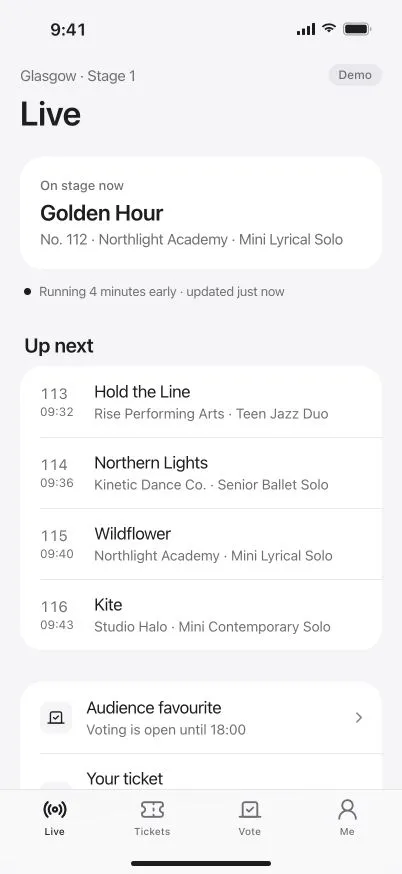 DanceKomp Genius on iPhone: Live for the audience at Glasgow, Stage 1: Golden Hour on stage, running four minutes early, and the next routines with their times. Demo data.