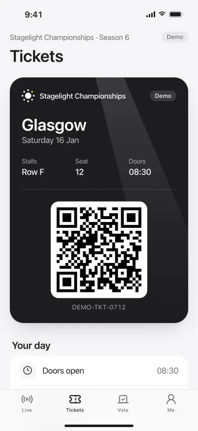 DanceKomp Genius on iPhone: a ticket for Stagelight Championships, Glasgow, Saturday 16 January: Stalls, Row F, Seat 12, with its QR code, doors at 08:30 and Stage 1 in the main hall. Demo data.
