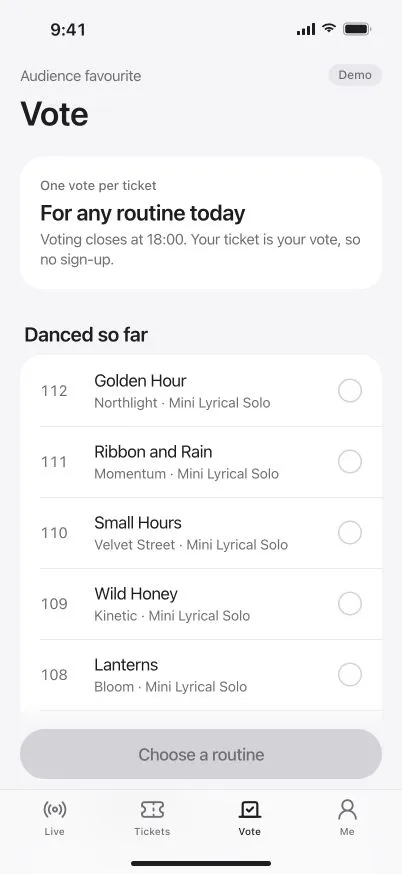 DanceKomp Genius on iPhone: the audience vote: one vote per ticket for any routine danced today, closing at 18:00, with the routines danced so far. Demo data.