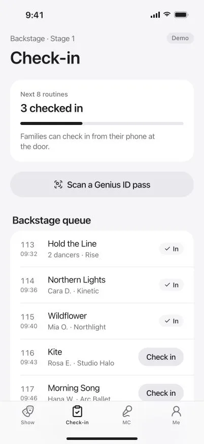 DanceKomp Genius on iPhone: backstage check-in: three of the next eight routines checked in, Scan a Genius ID pass, and the backstage queue in running order. Demo data.