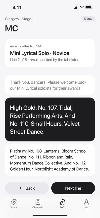 DanceKomp Genius on iPhone: the MC’s awards script after No. 114 for Mini Lyrical Solo, Novice: line by line, with Back and Next line. Demo data.