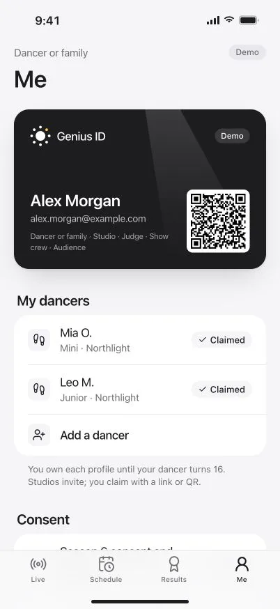 DanceKomp Genius on iPhone: the family’s side: their Genius ID pass, Mia and Leo claimed, and the Season 6 consent and waiver signed. Demo data.