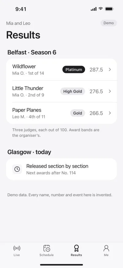 DanceKomp Genius on iPhone: results for Golden Hour: each judge’s scores, High Gold and a voice critique. Demo data.