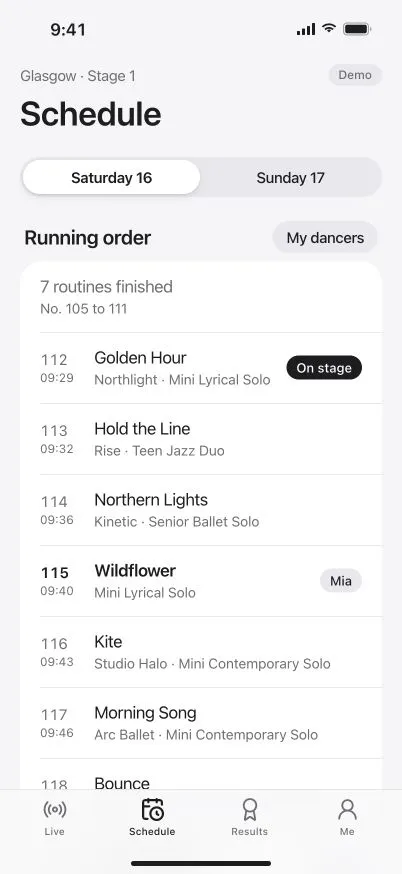 DanceKomp Genius on iPhone: the schedule, filtered to Mia’s routines. Demo data.