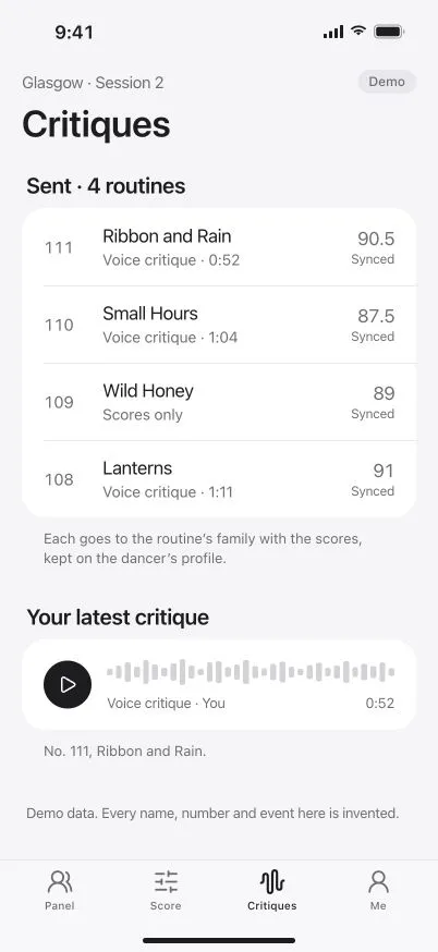 DanceKomp Genius on iPhone: a judge’s Critiques tab for Glasgow, Session 2: routines sent with their totals, which carry a voice critique, and each one synced. Demo data.