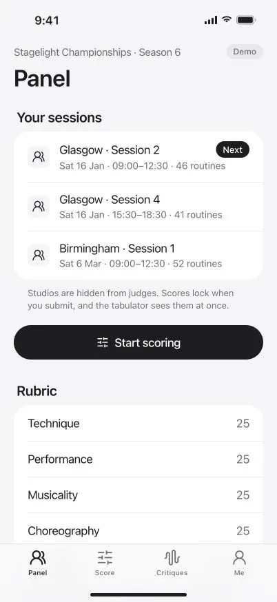 DanceKomp Genius on iPhone: as a judge, the Panel tab: today’s sessions for Stagelight Championships and the scoring rubric. Demo data.