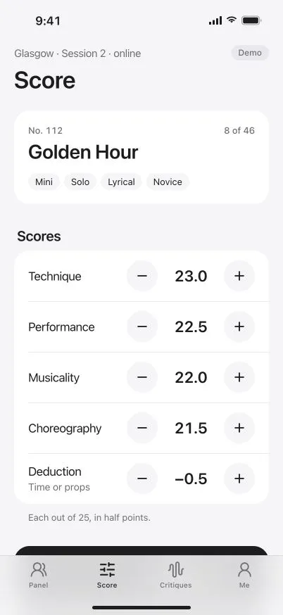 DanceKomp Genius on iPhone: the same scorecard on iPhone: the routine, the four criteria and the deduction, and the total. Demo data.