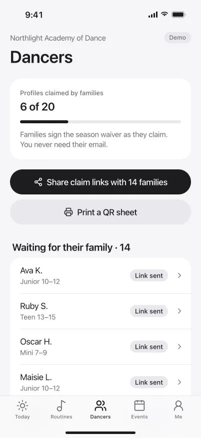 DanceKomp Genius on iPhone: the studio’s Dancers tab: 6 of 20 profiles claimed by families, Share claim links with 14 families, Print a QR sheet, and who is still waiting. Demo data.