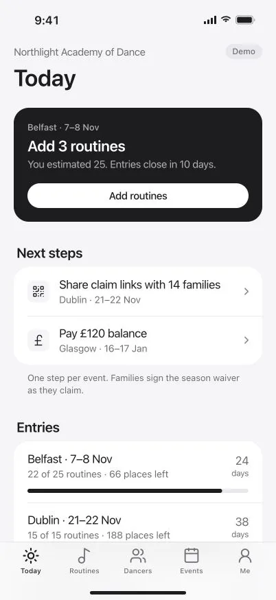 DanceKomp Genius on iPhone: as a teacher, the studio’s Today tab: one next step for each event and routines entered against estimates. Demo data.