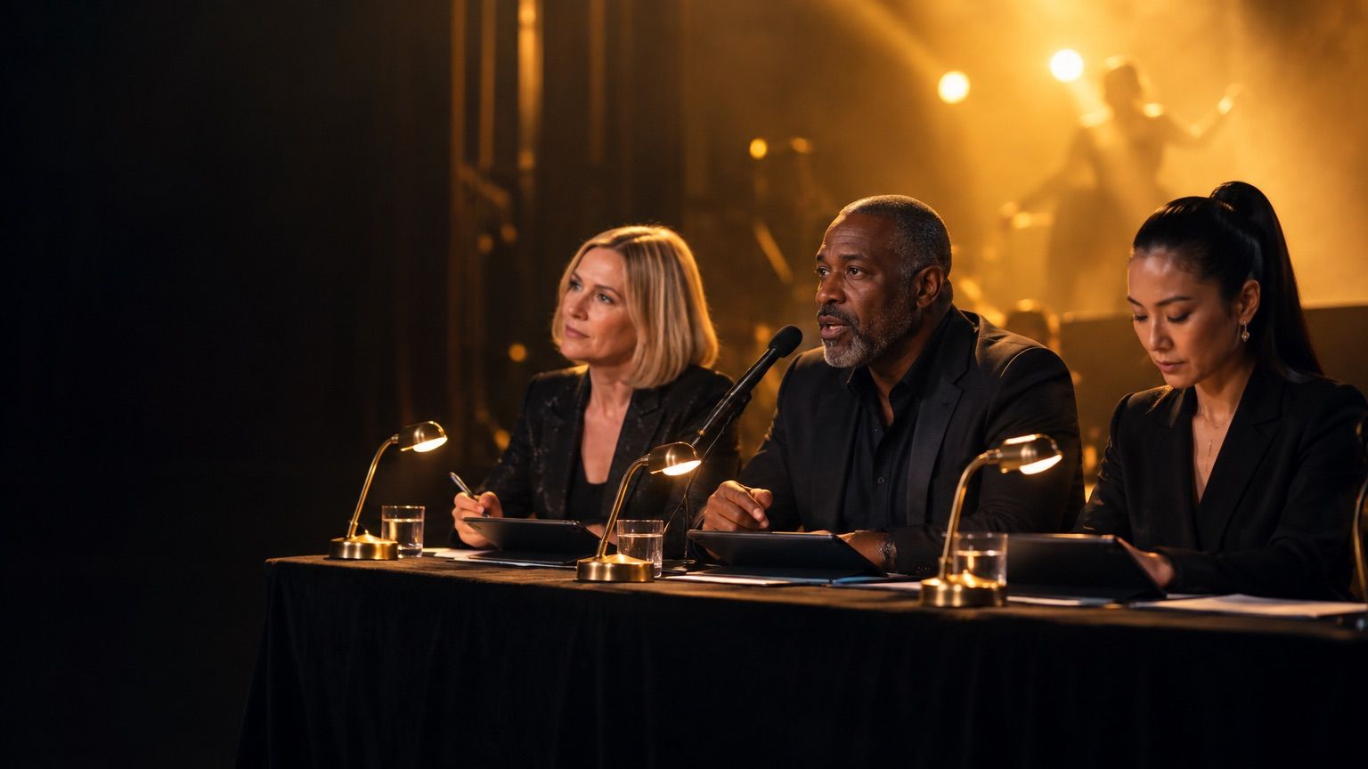 Three judges at a lit table in a darkened theatre, one speaking into a microphone while scoring on a tablet.