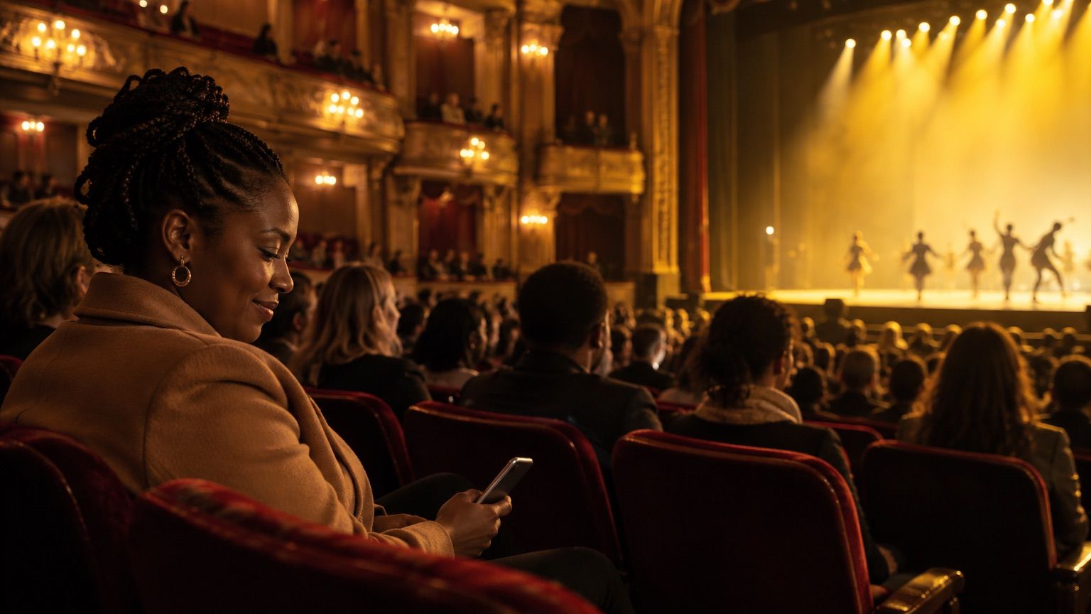 A parent in a theatre audience glancing at her phone, the stage glowing ahead with dancers mid-routine.