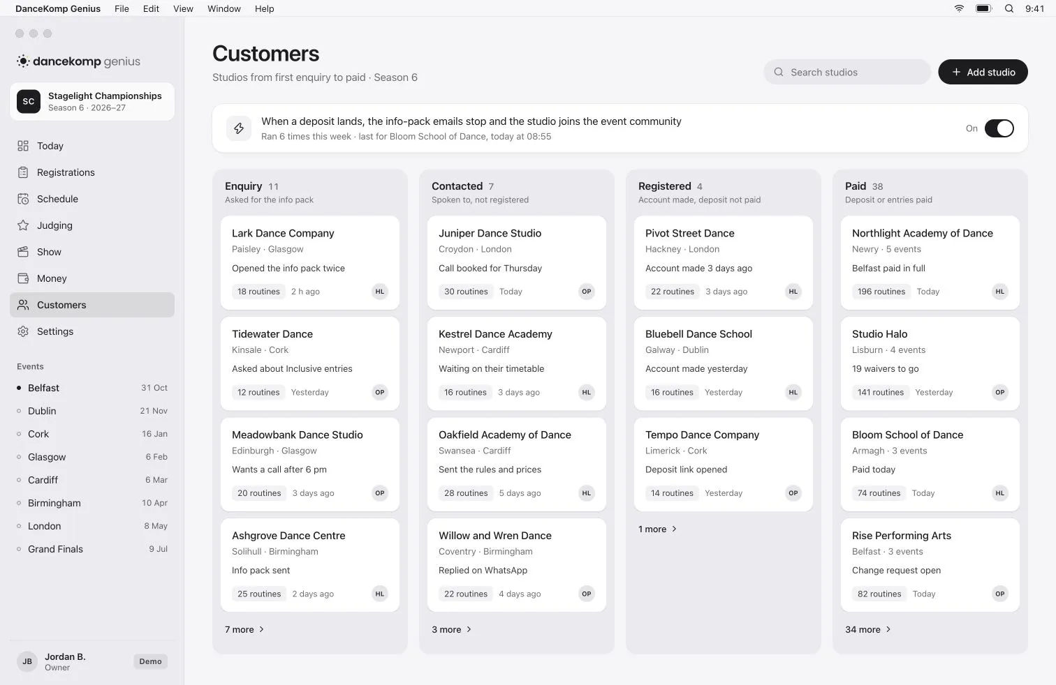 DanceKomp Genius on Mac: Customers for Season 6: studios in four columns from enquiry and contacted to registered and paid, each with the event it wants, its routines and who looks after it, and the automation that stops the info-pack emails when a deposit lands. Demo data.