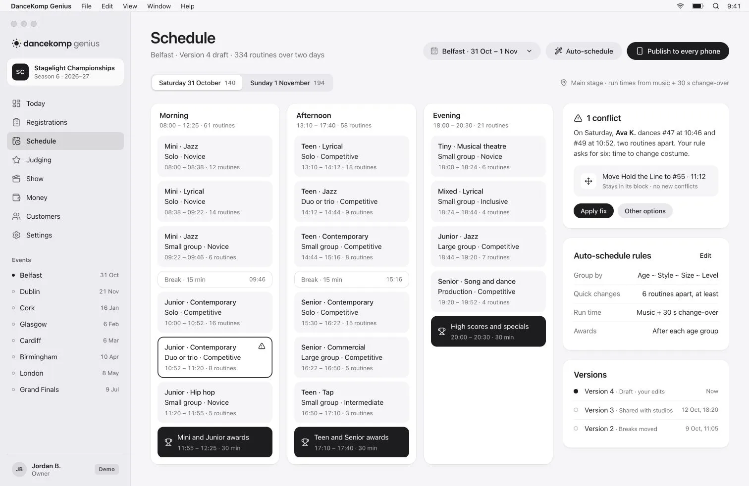 DanceKomp Genius on Mac: the organiser’s schedule for Belfast: sessions on each stage with breaks and awards, a conflict to fix and the auto-schedule rules. Demo data.