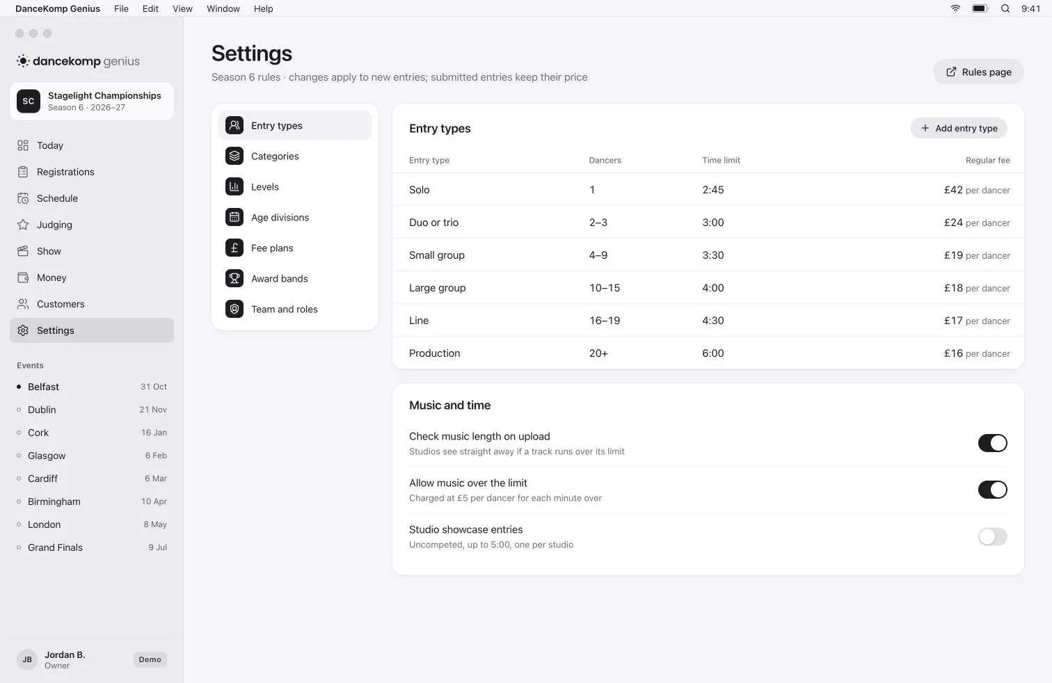 DanceKomp Genius on Mac: Settings for Season 6: entry types with their dancers and time limits, beside categories, levels, ages, fees, award bands, and team and roles. Demo data.