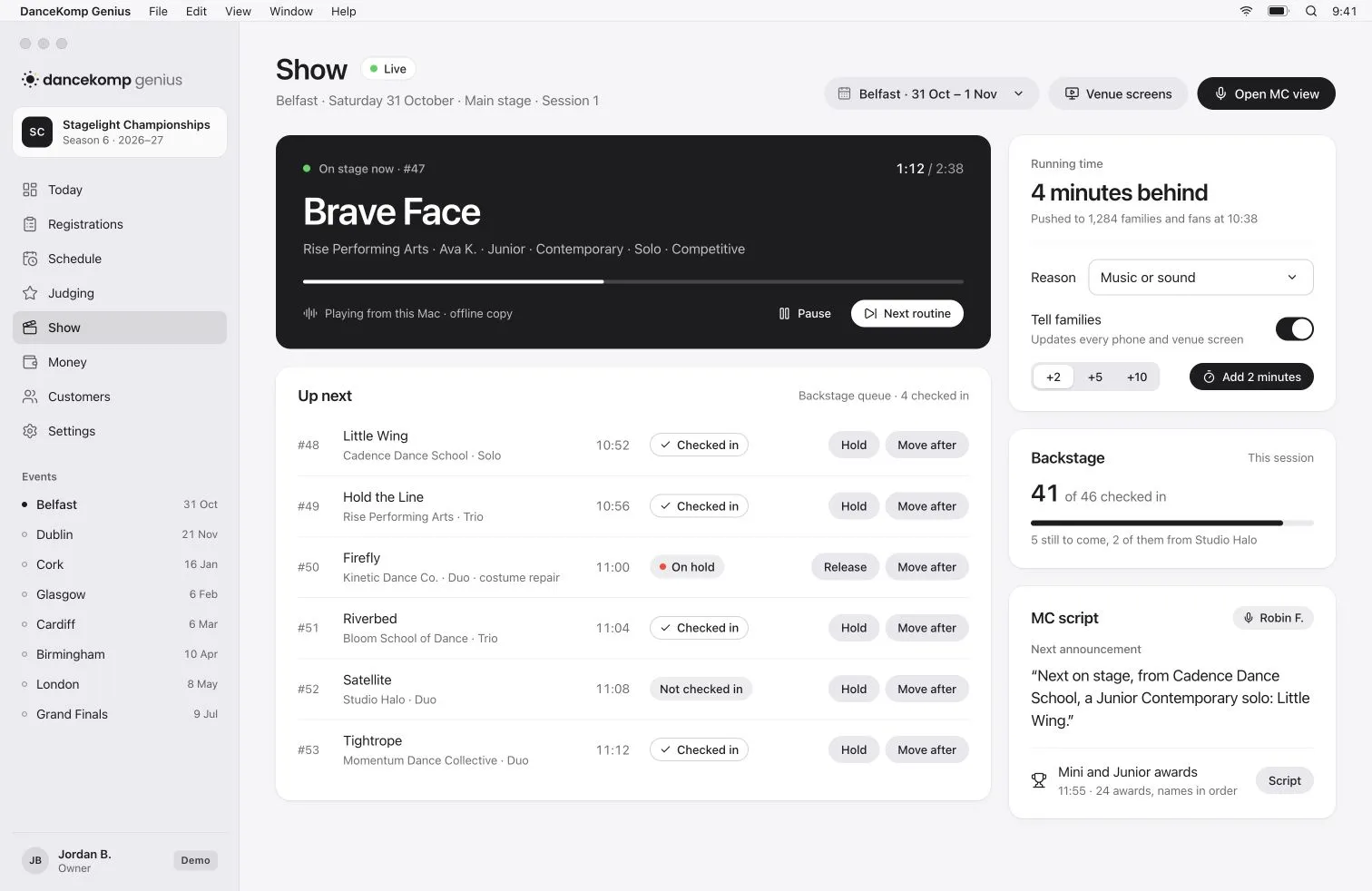 DanceKomp Genius on Mac: show control for Glasgow, Stage 1: on stage now, up next and a four-minute early running. Demo data.