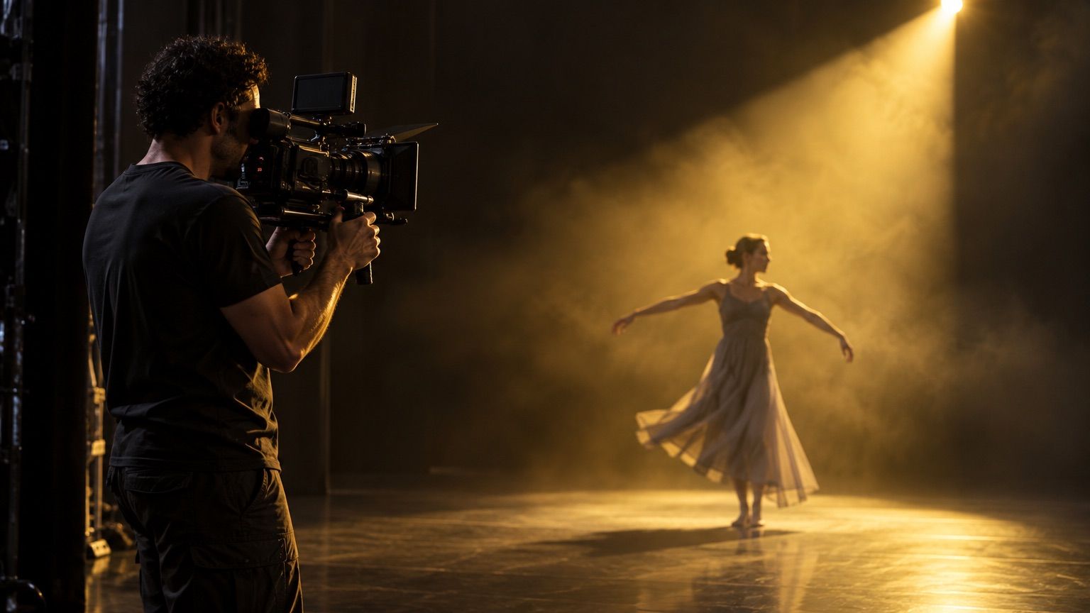 A videographer with a cinema camera filming a dancer from the wings, the stage in warm light and haze.