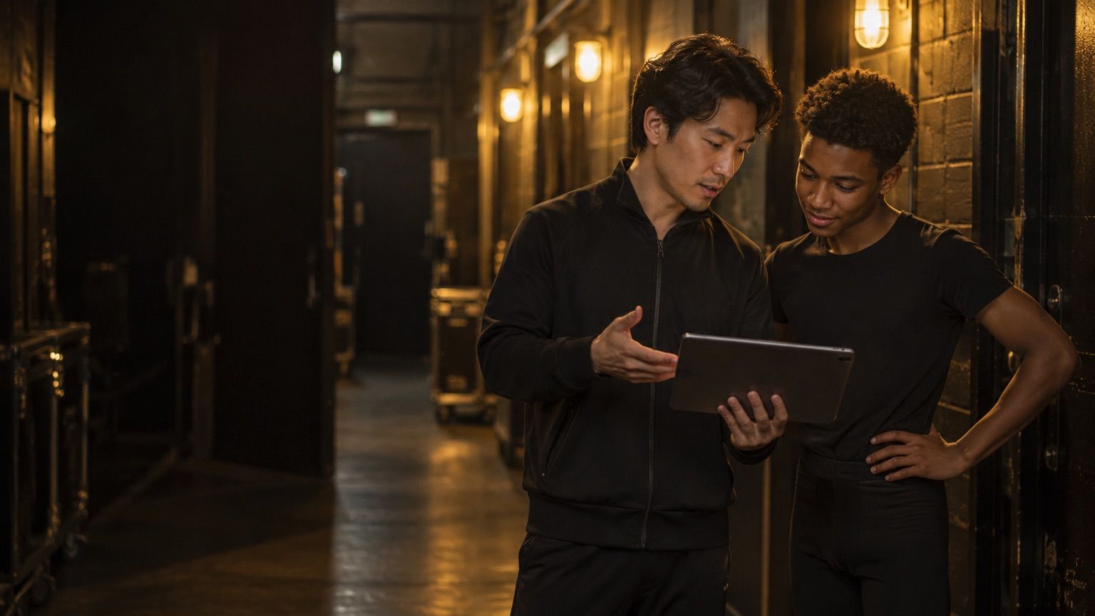 A teacher and a teenage dancer in a backstage corridor, watching a critique together on a tablet.