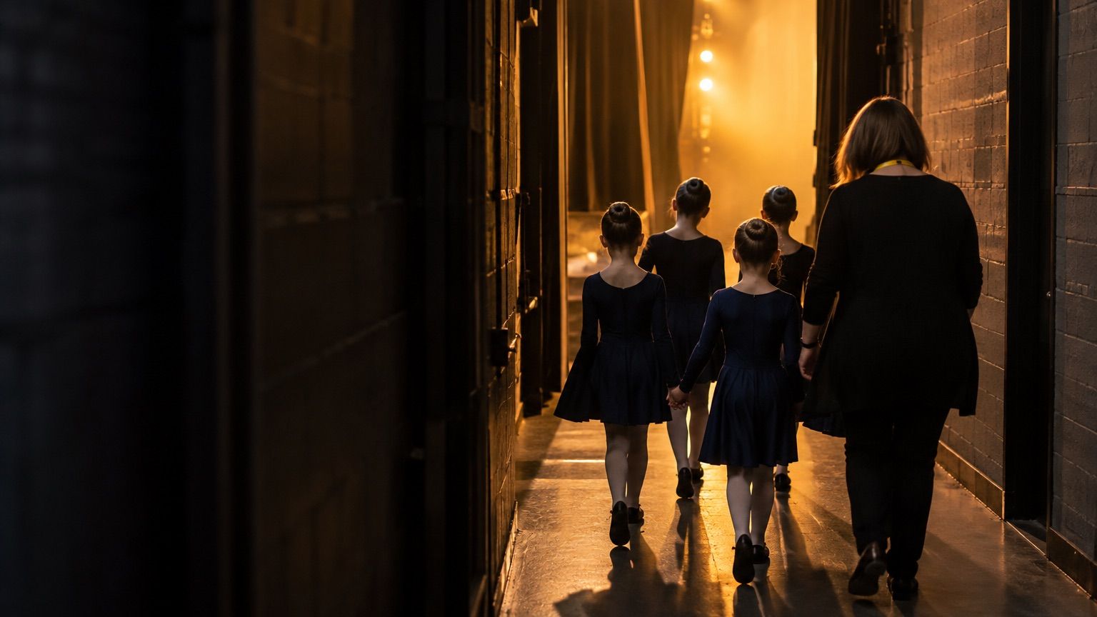 A chaperone walks a group of young dancers in costume down a backstage corridor towards the stage.