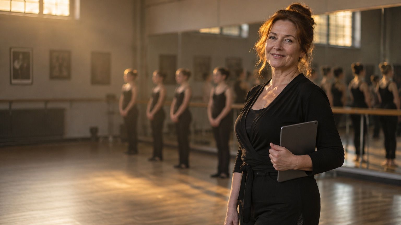 A studio owner in her rehearsal studio holding a tablet, her dancers lined up at the barre behind her.