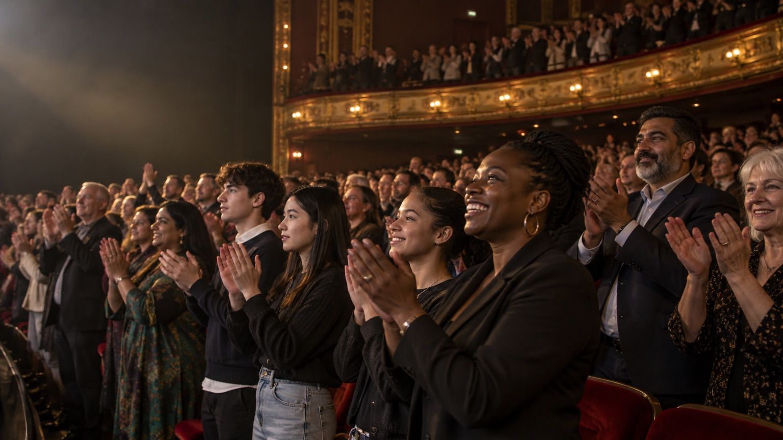 A theatre audience on its feet applauding in warm stage light.